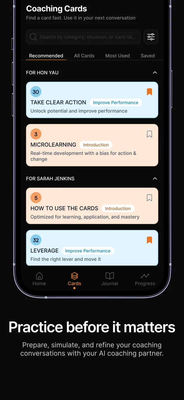 Super Coach coaching cards screen with recommended cards