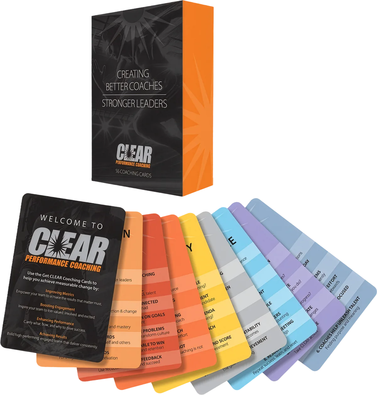 The CLEAR Coaching Kit: the box and a fan of coaching cards
